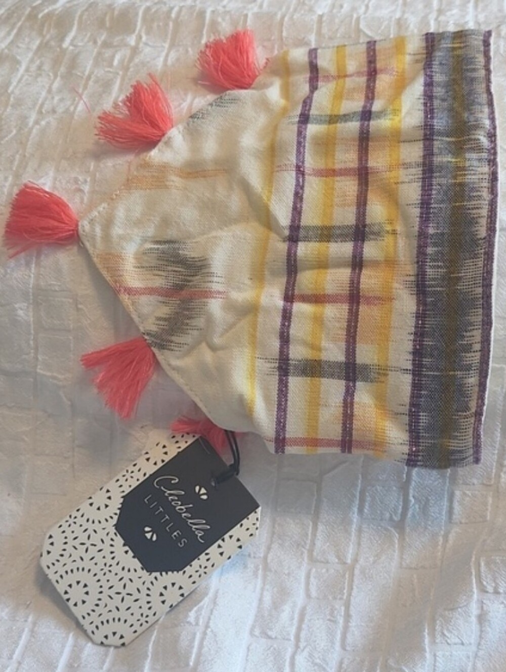 NWT Cleobella Littles Kids Boho Plaid Tassel Bandana Scarf Bib Cream Yellow Pink